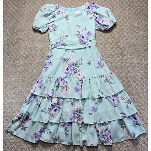 Girls Size 10 Mint Floral Tiered Maxi Dress Puff Sleeve Cottagecore Rare Edition